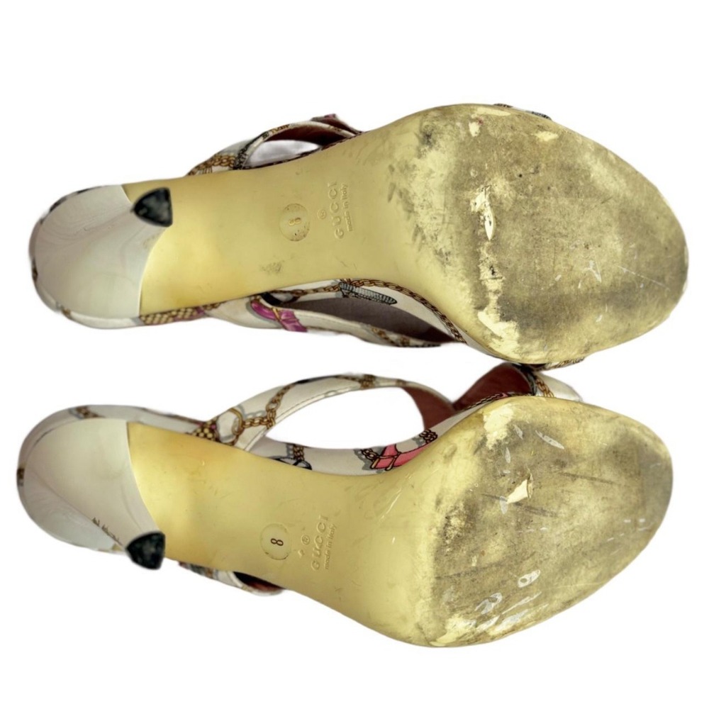 Gucci Vintage Chain Crest Print Satin Stiletto Heeled Sandals Mules Cream Size 8 - Picture 5 of 5